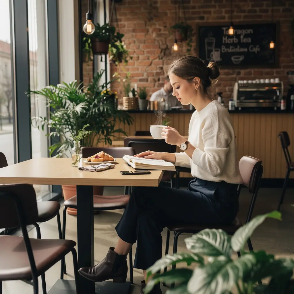 Zelený čaj z estragónu v elegantnej šálke s bylinkovým zdobením