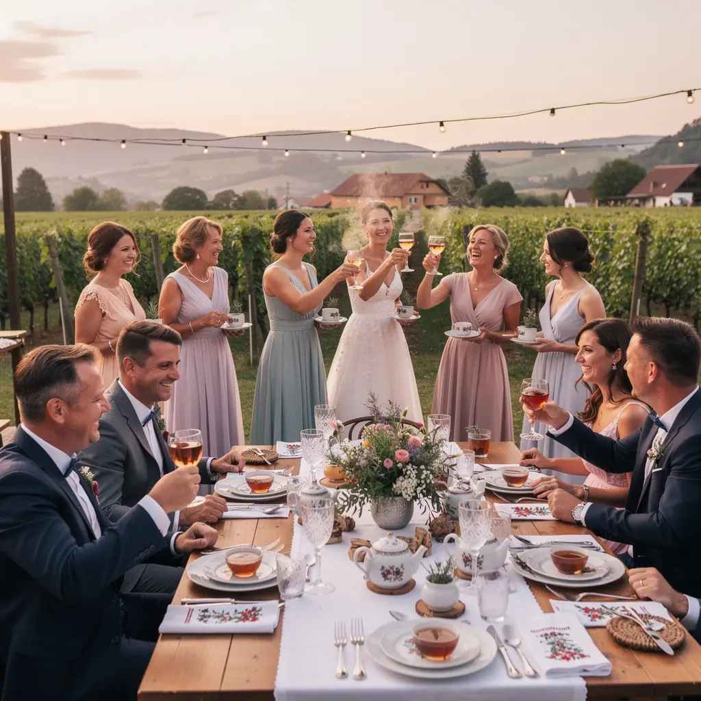 Čerstvé lístky estragónu vedľa šálky čaju na drevenom stole